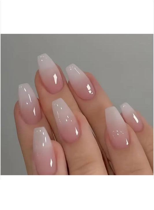 French Coffin Glossy Nails - Nude Ombre