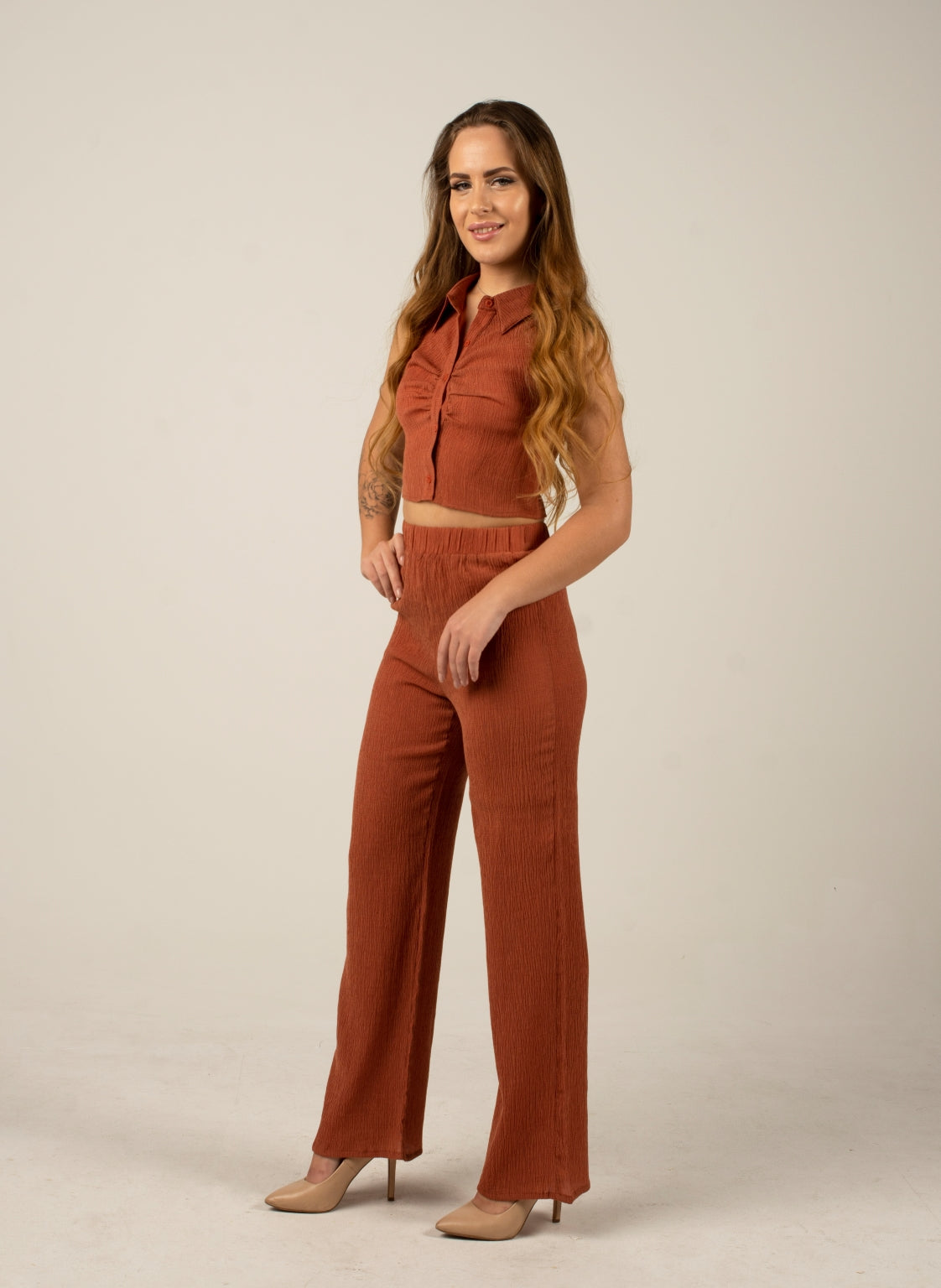 Solid Texture Elastic Waist Trousers