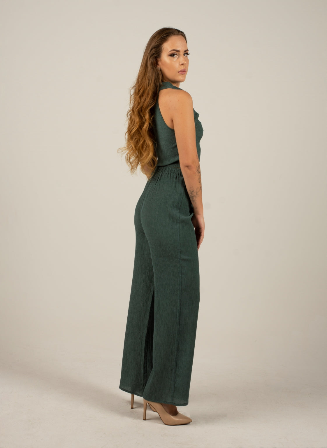 Solid Texture Elastic Waist Trousers