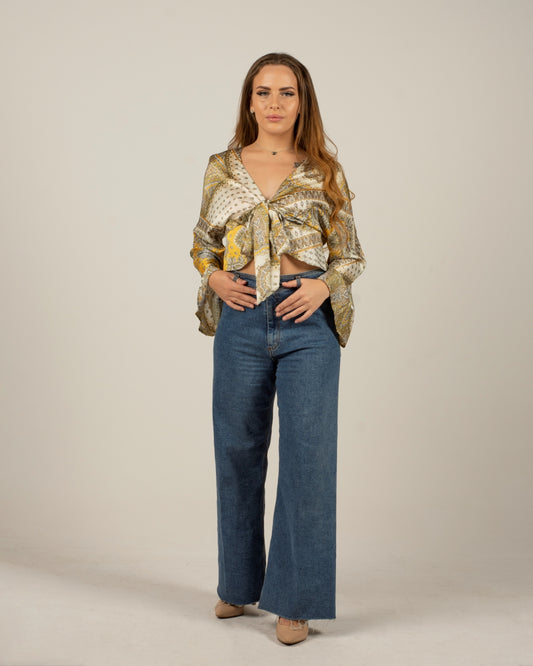 Boho Paisley pattern Tie Front Blouse long sleeves