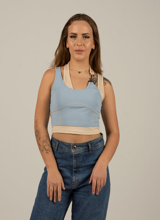 blue Patchwork Chain Rib Tank Top