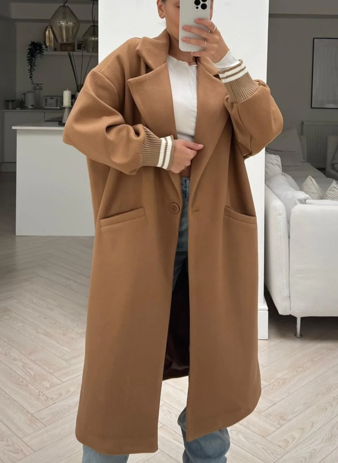 Alice Camel Button Up Jersey Cuff Longline Jacket