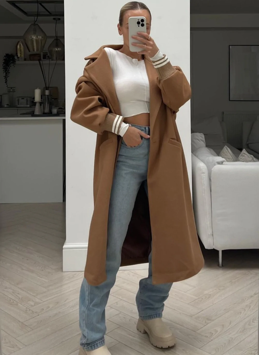 Alice Camel Button Up Jersey Cuff Longline Jacket in Brown