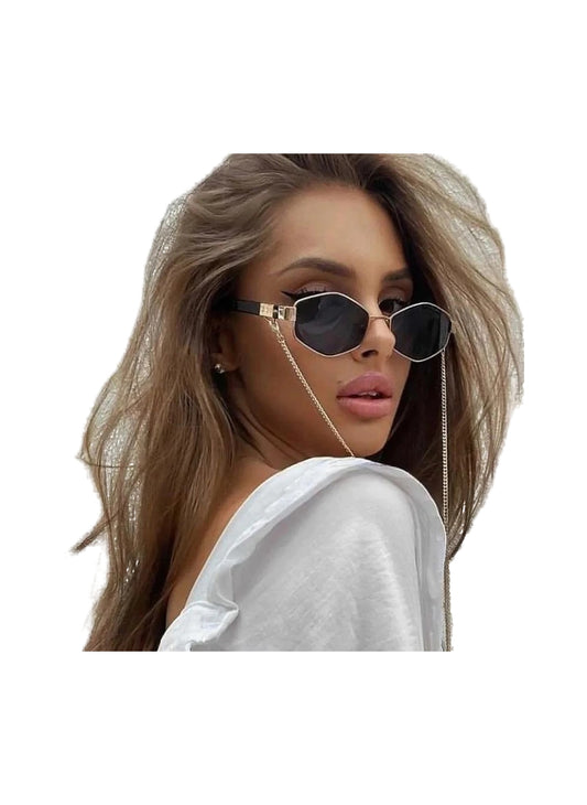 Ladies Black Polygon Sunglasses with gold chain