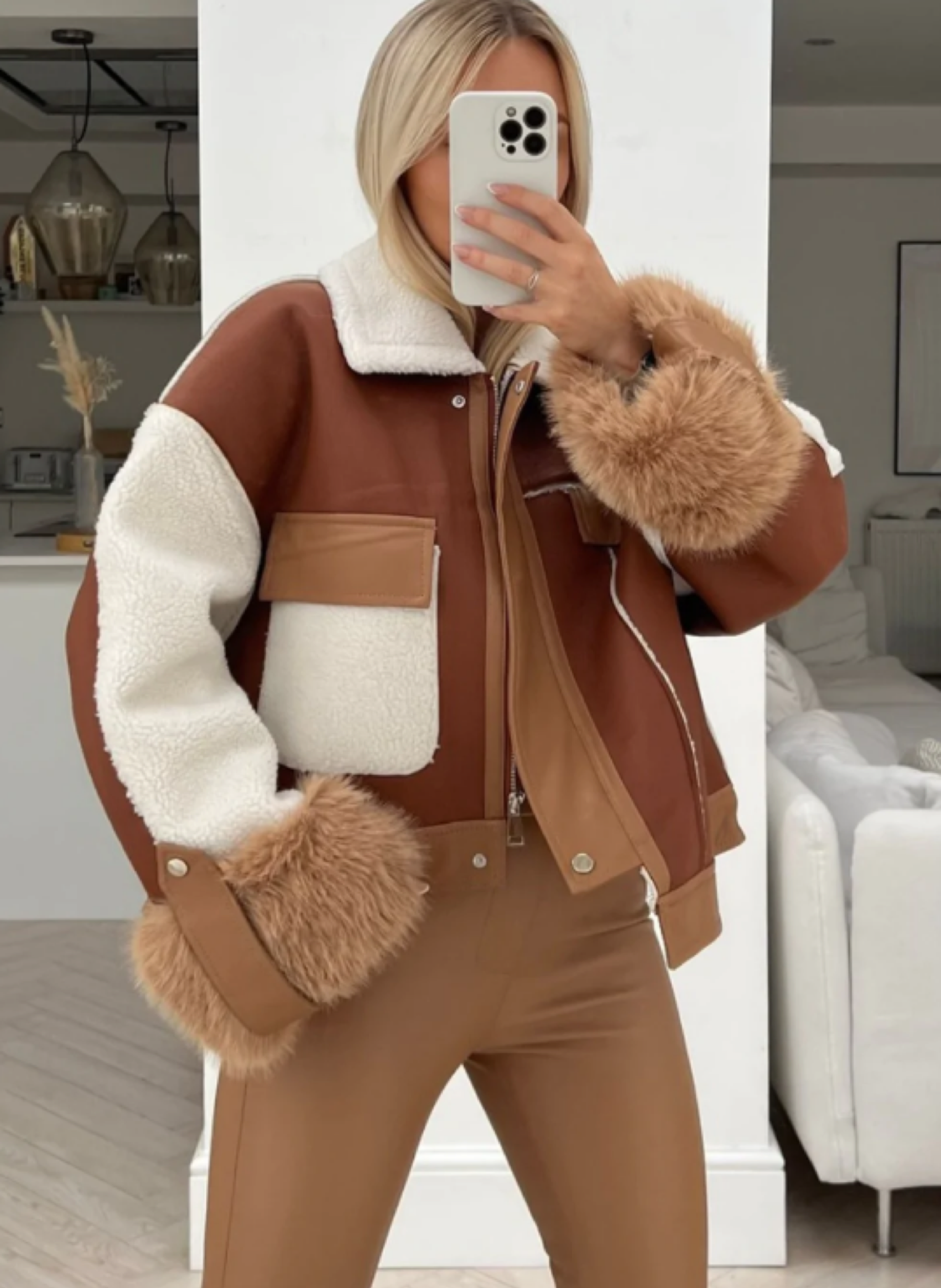 Camel fur cuff aviator jacket