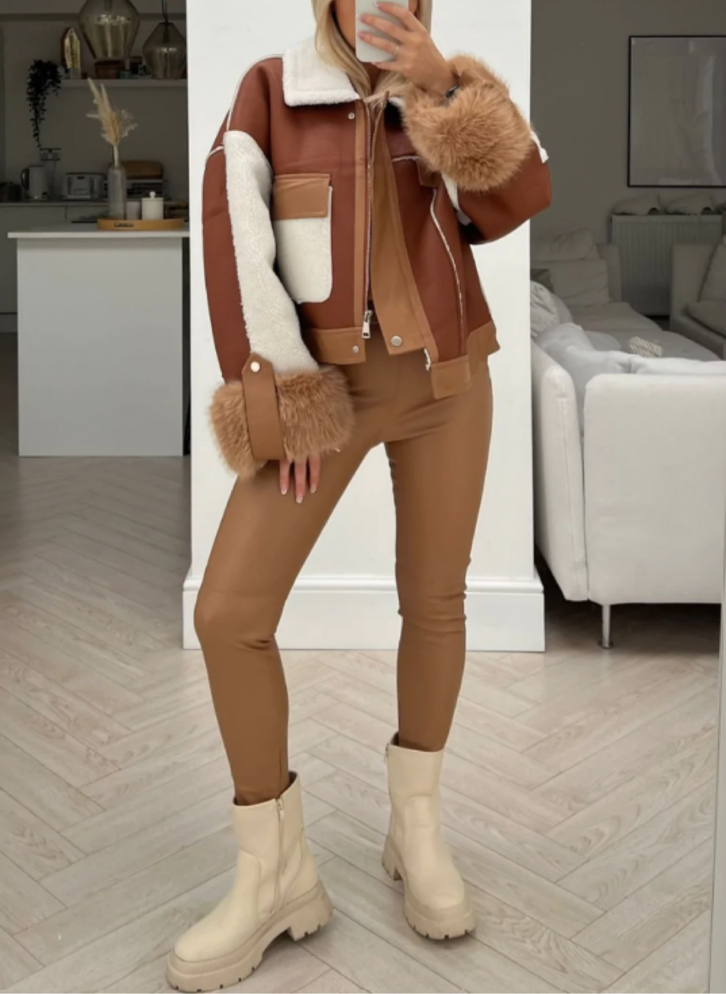 Camel fur cuff aviator jacket Brown