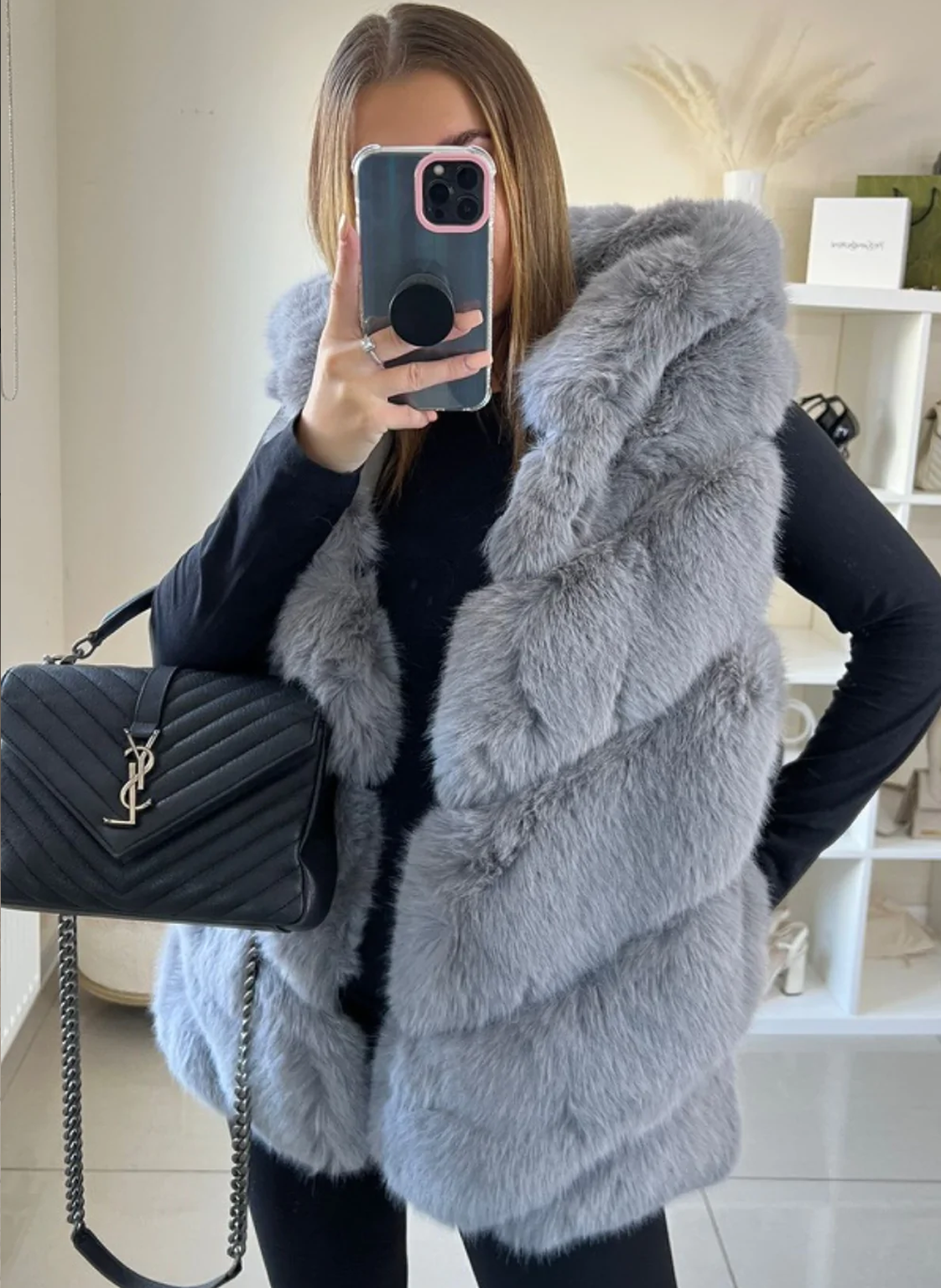 Claudette Grey Faux Fur Hooded Gilet