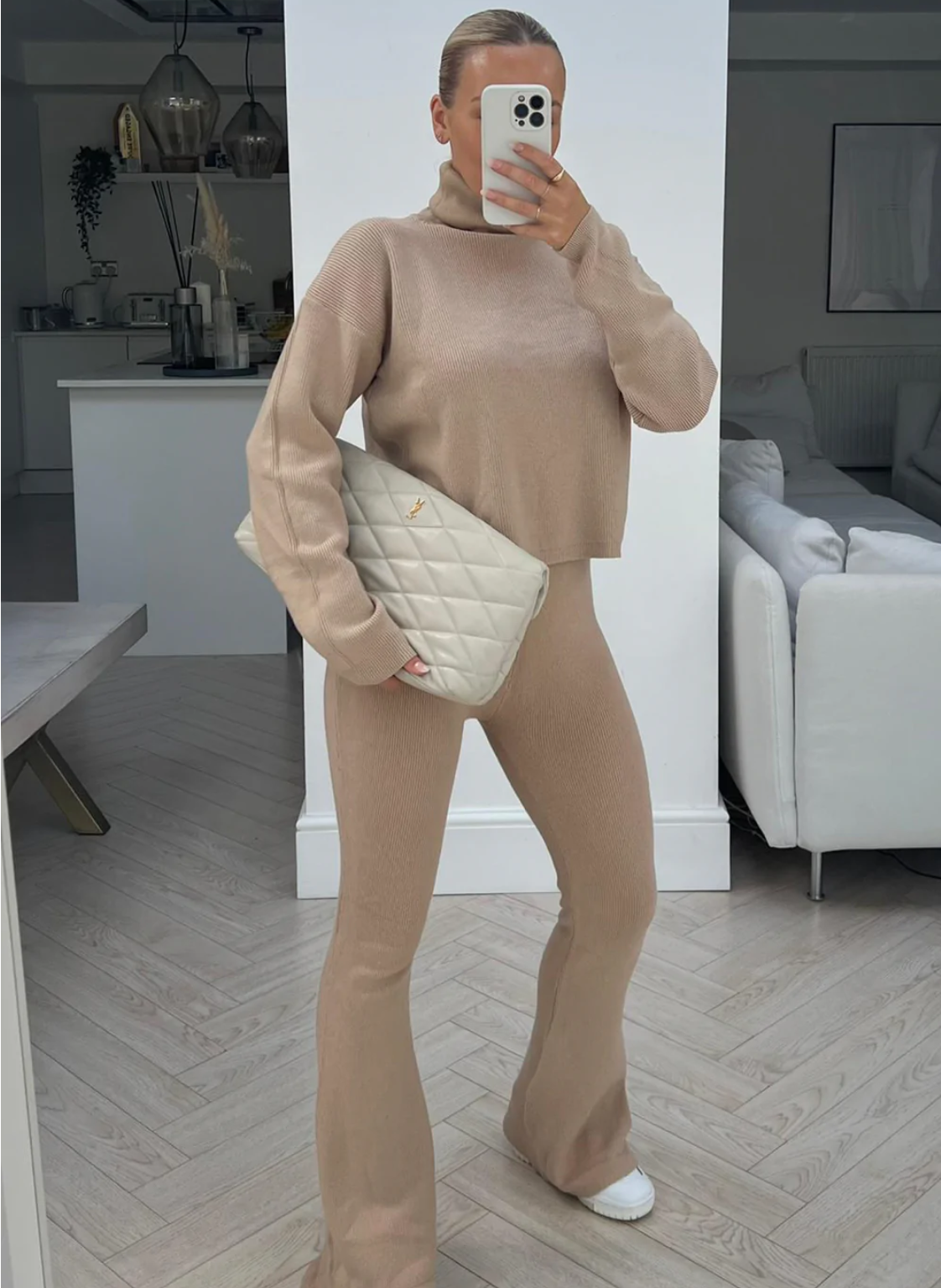 Gracie Beige Roll Neck Flared Women Lounge Set Winter Clothes