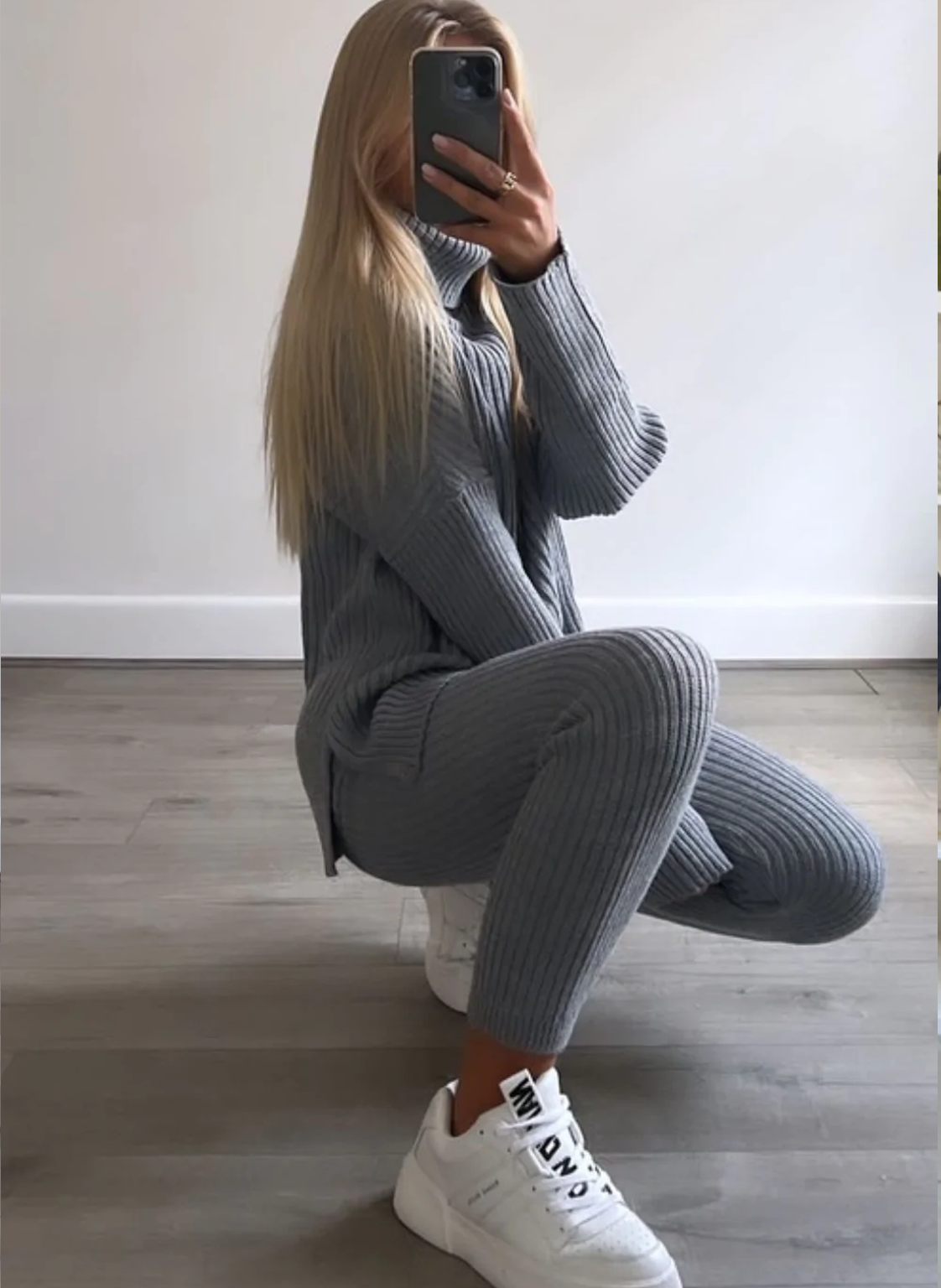Keevah Grey Roll Neck Knitted Ribbed Coord