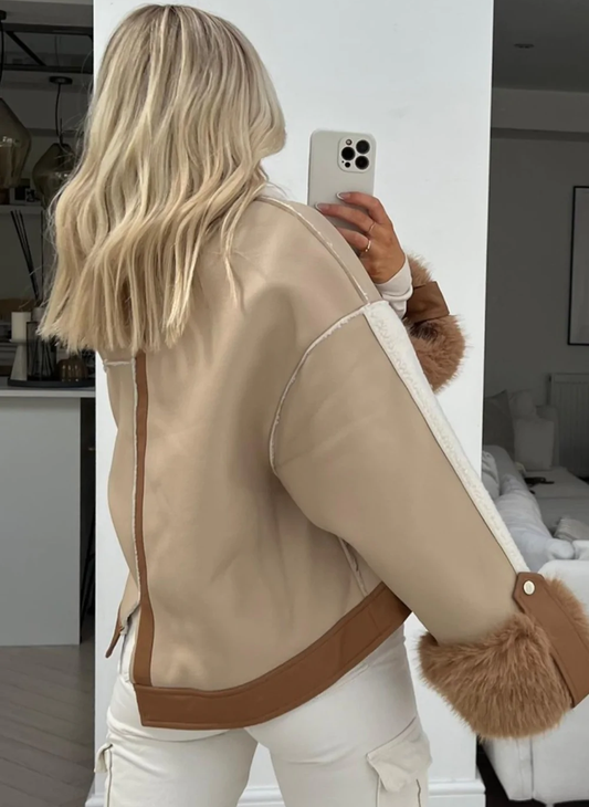 Maddie Beige PU Shearling Fur Cuff Aviator Jacket