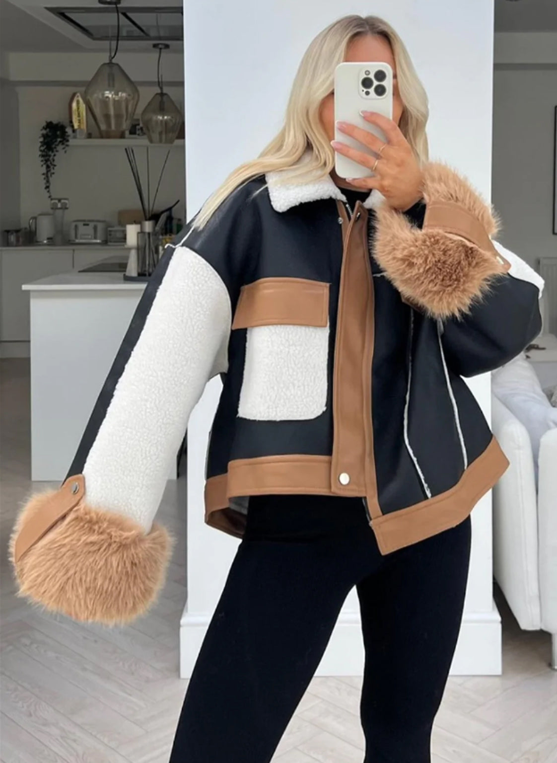 Maddie Black PU Shearling Fur Cuff Aviator Jacket