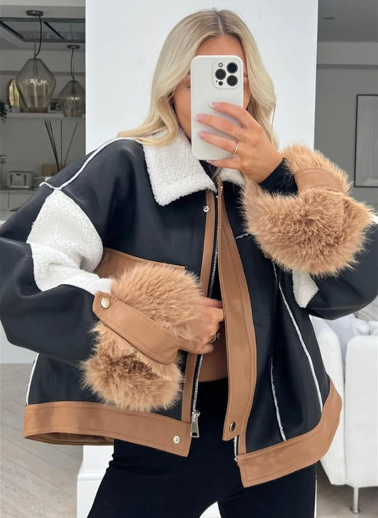 Maddie Black PU Shearling Fur Cuff Aviator Jacket