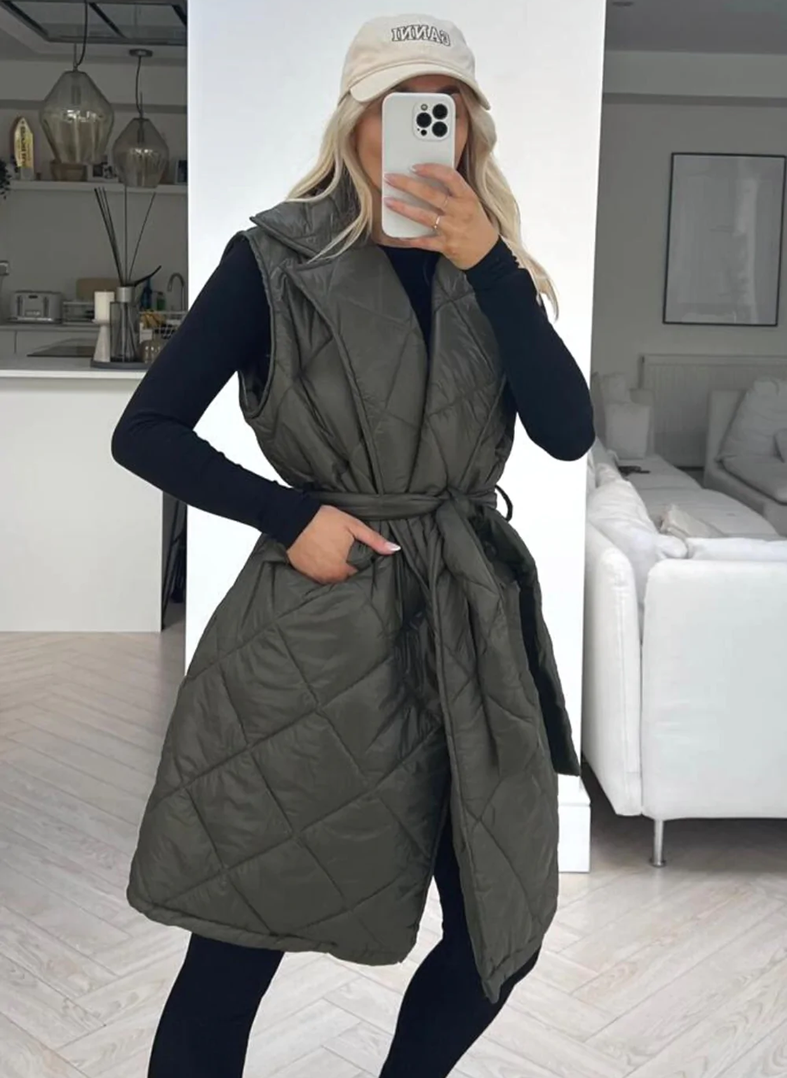 Naomi Khaki Quilted Tie Waist Gilet