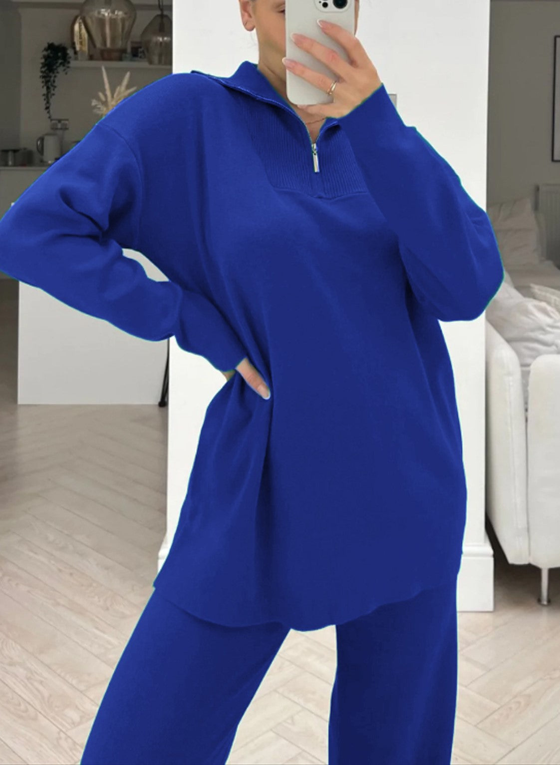 Nellie blue wide leg knitted zip neck loungewear set