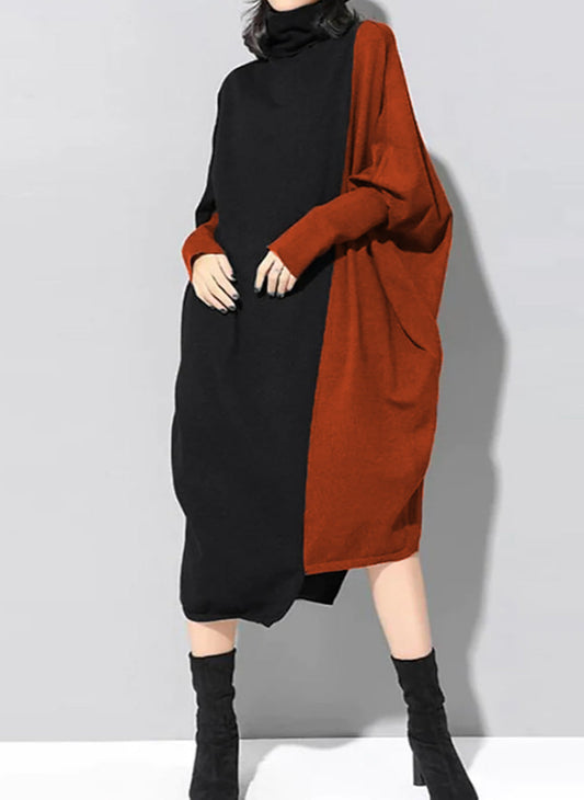 Oversized Midi High Neck Dress Black and Orange