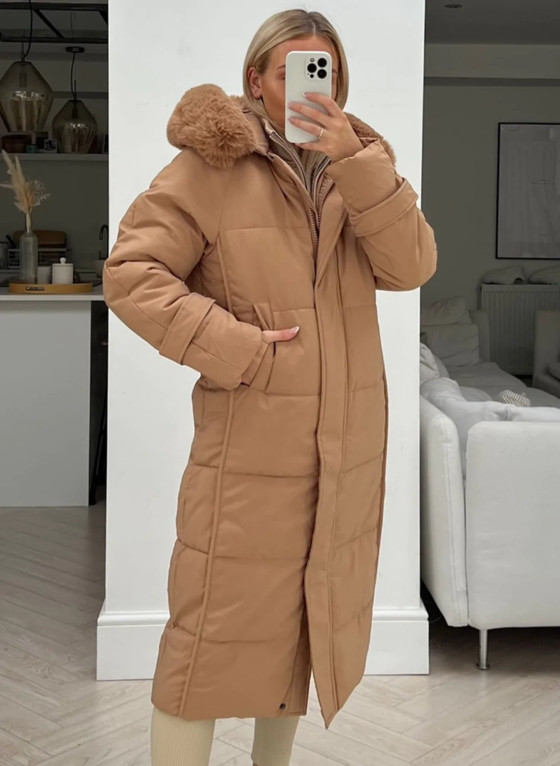 Remmie Camel Faux Fur Hooded Duvet Coats Jackets Women