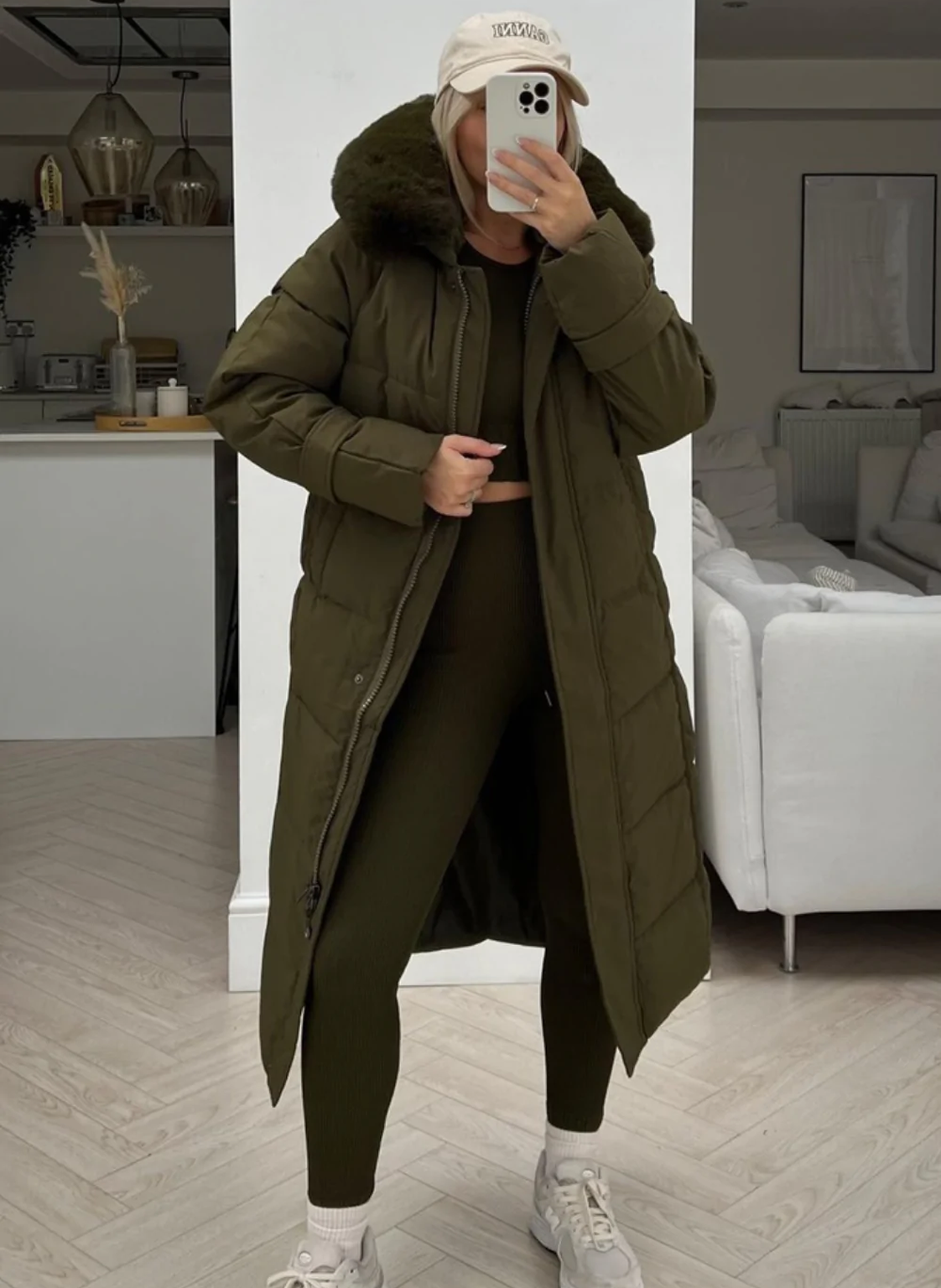 Green padded coat with fur hood hotsell