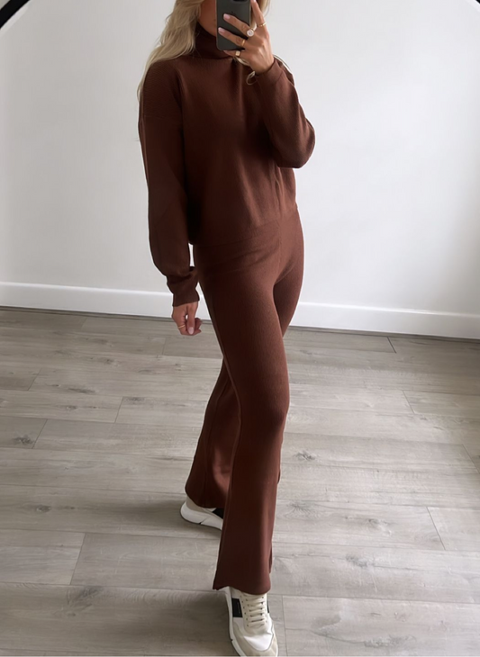 Gracie brown roll neck flared loungeset