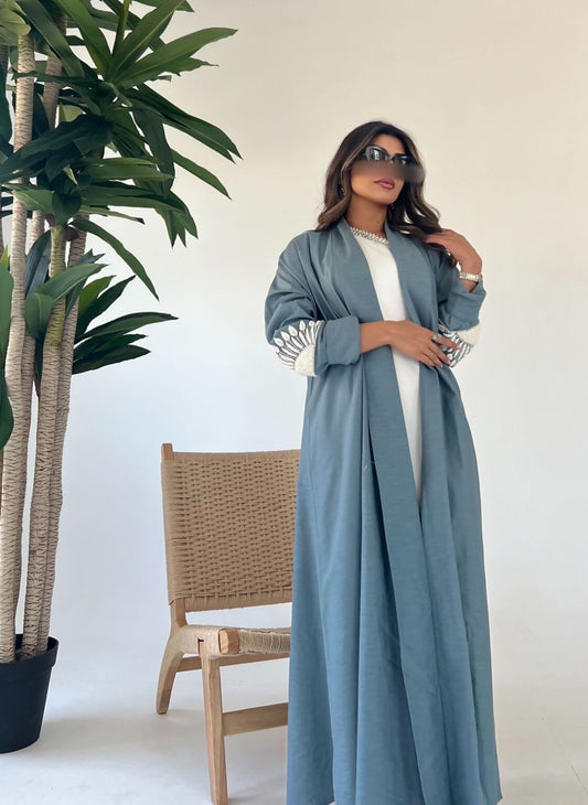 Blue Linen Abaya With Embroidery