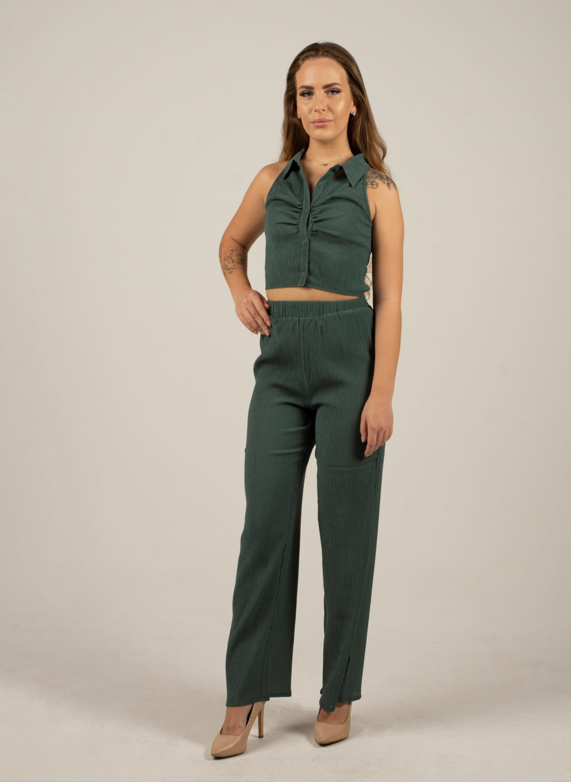 Green Solid Texture Elastic Waist Trousers