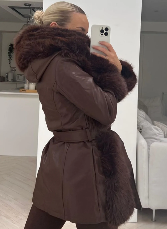 Gigi Chocolate Fur Hooded Coat