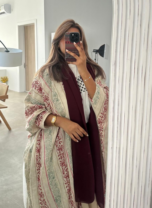 Beige Maroon Patterned Abaya