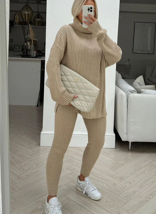 Keevah beige roll neck knitted ribbed coord