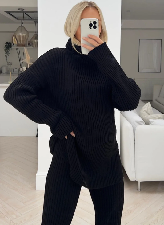 Keevah black roll neck knitted ribbed coord