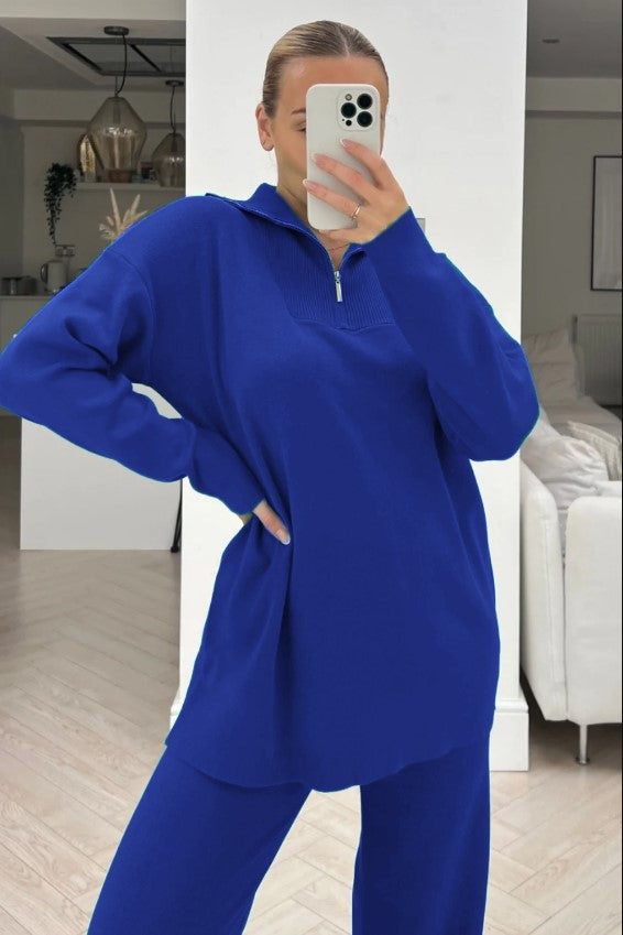 Nellie blue wide leg knitted zip neck loungewear set