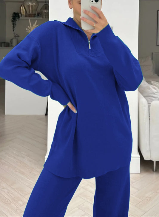 Nellie blue wide leg knitted zip neck loungewear set