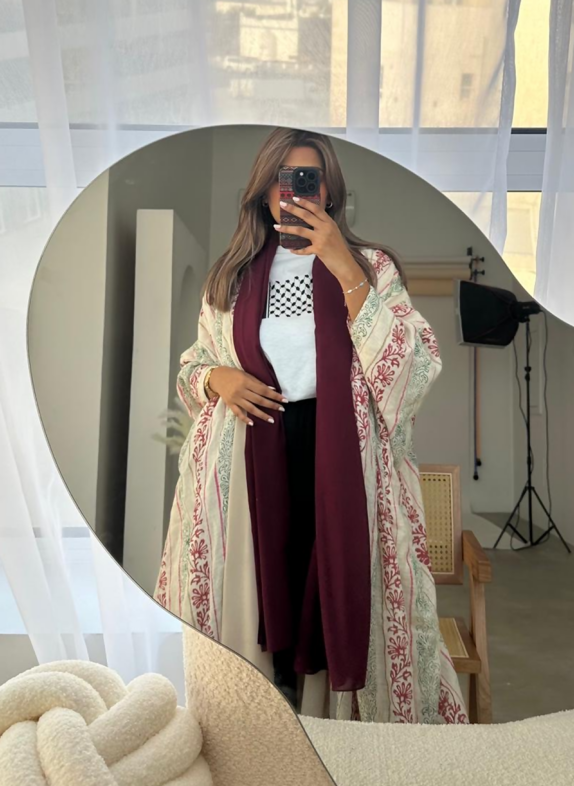 Beige Maroon Patterned Abaya