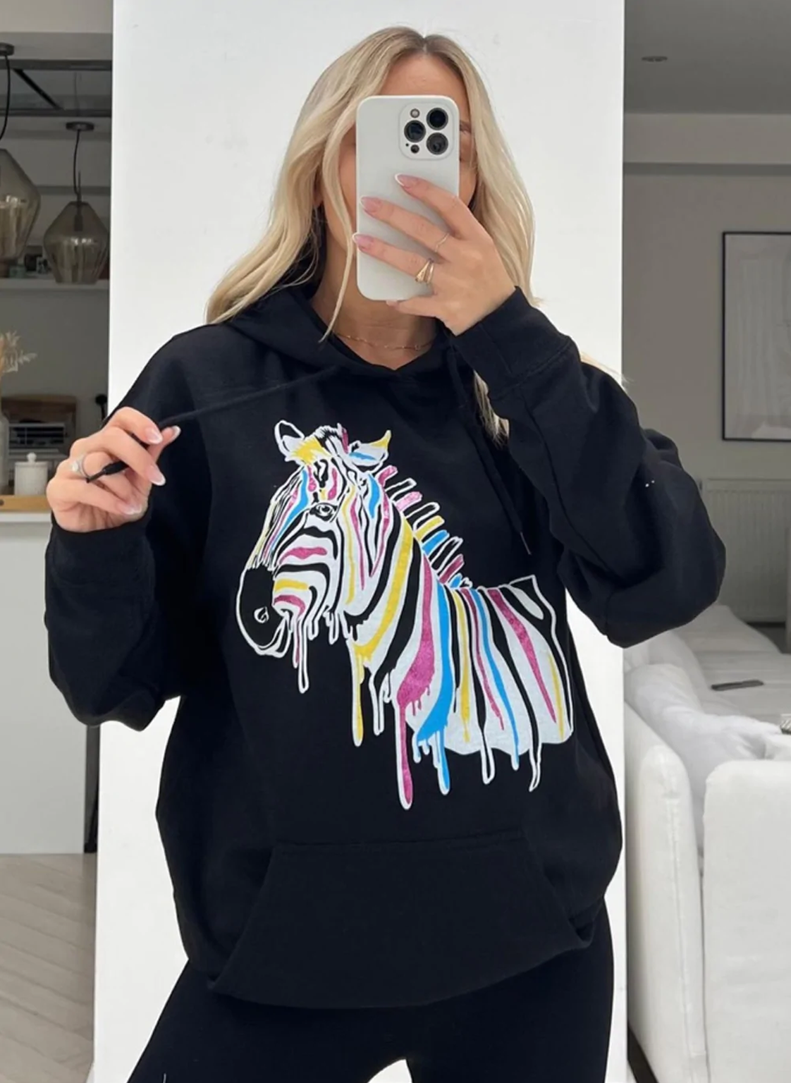 Zebra Drip Black Printed Drawstring Hoodie