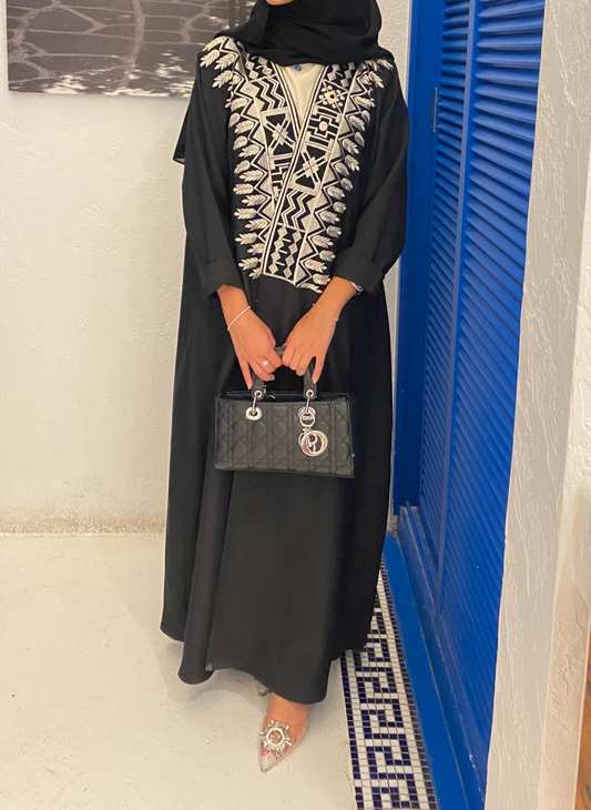 Black with White Embroidery Abaya